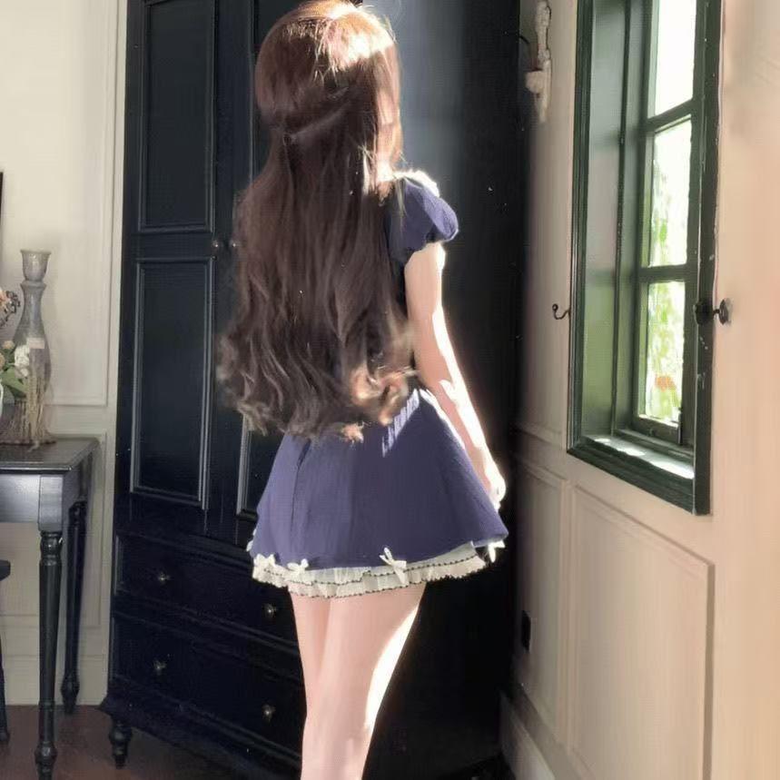 Bow college style blue dress children's summer new small waist a word puffy skirt
