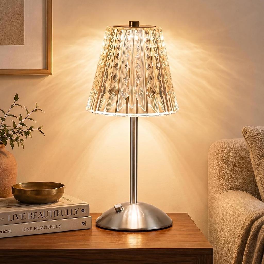 Kabellose Touch-Tischlampe, Klassische Edition Wiederaufladbare Kleine Schreibtischlampe | 3 Farben Dimmbar Goldene Kristalllampe für Schlafzimmer, Restaurant, Küche & Zuhause