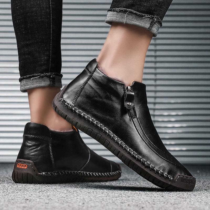 Fashion New Fashion Men Boots High Quality Split Leather Ankle Snow Boots Shoes Warm Fur Plush Winter Shoes Plus Size 38-48
