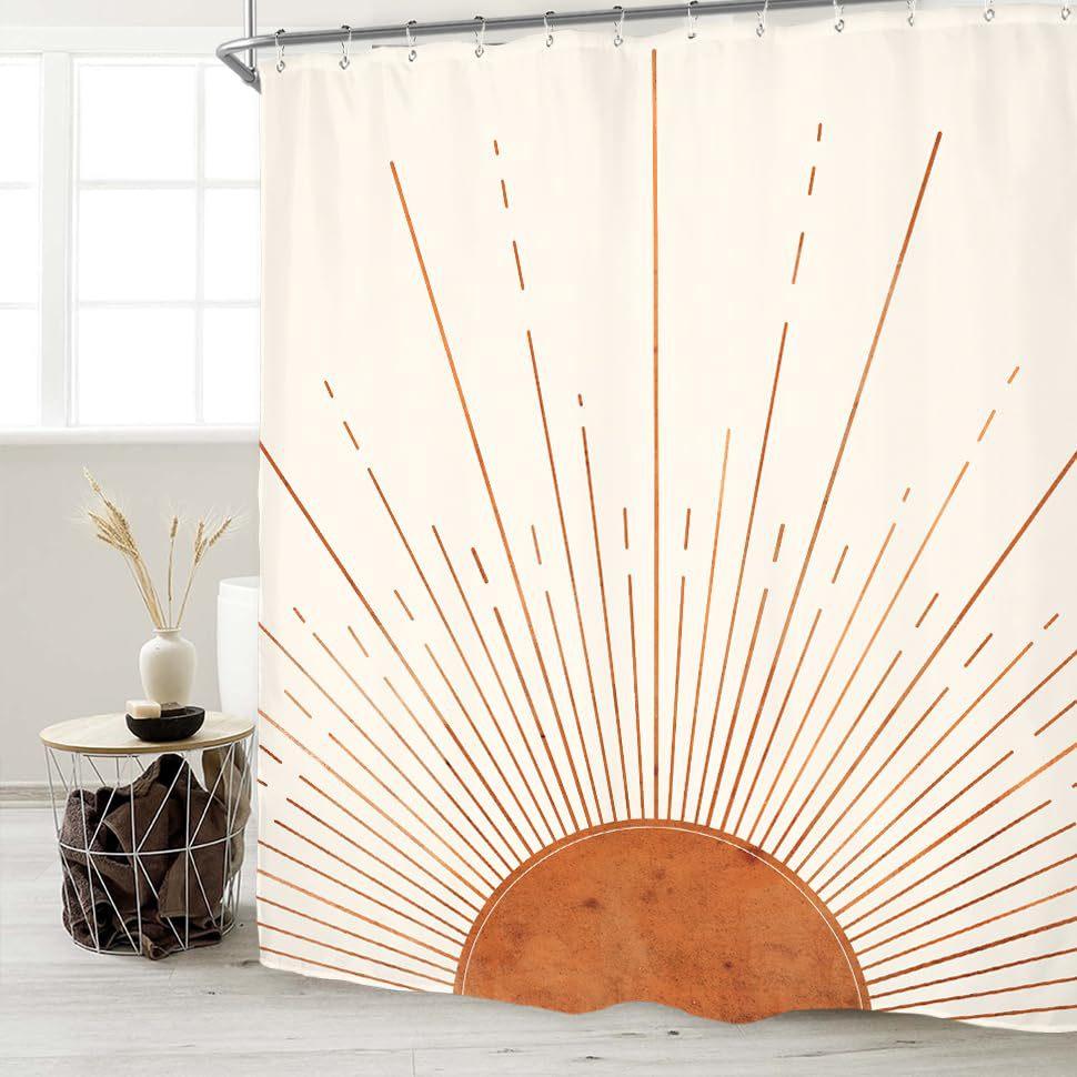 Rust Sun Abstract Shower Curtain Set Simple Medieval Vintage Sunrise Polyester Waterproof Bathroom Curtain With Hook