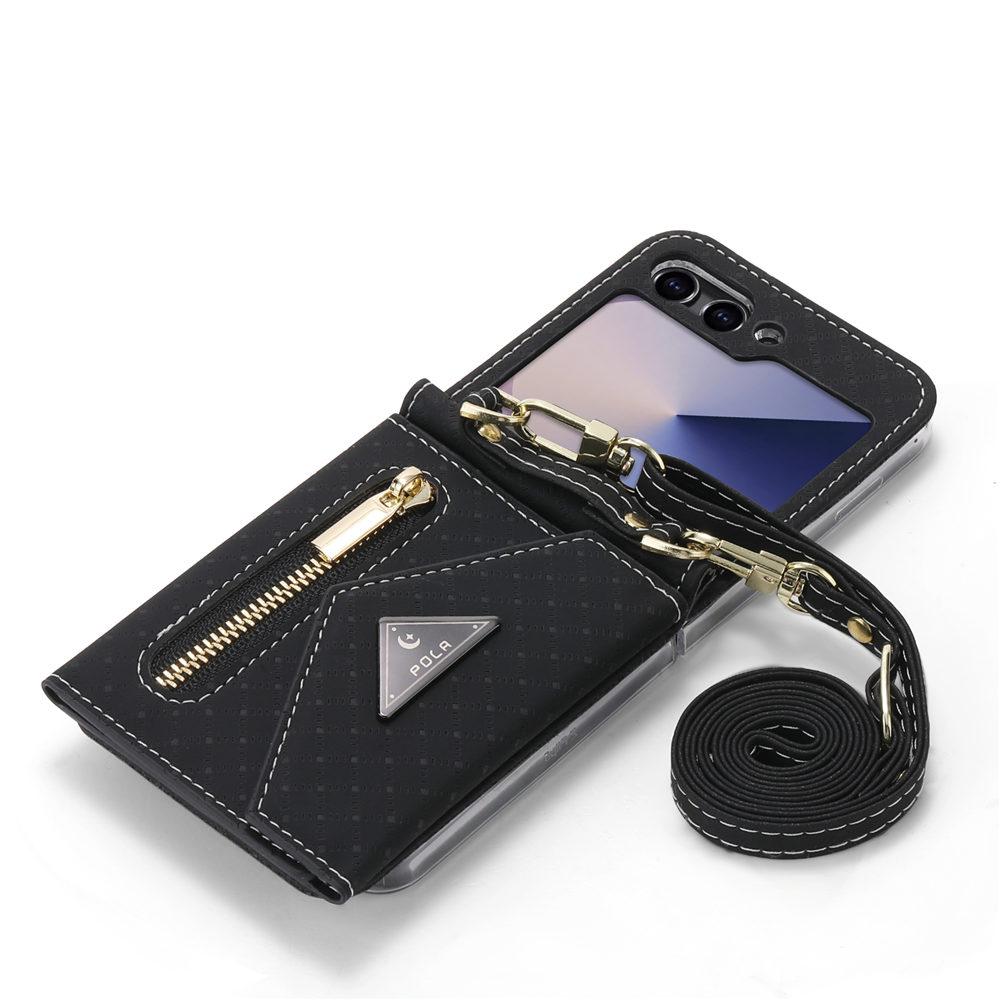 Módní šňůrka Kožená peněženka Pouzdro na telefon Pro Samsung Galaxy Z Flip 7 Flip 6 5 Zflip 4 3 Karty Crossbody Ochranný kryt