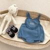 Baby Summer Washed Soft Denim Embroidered Romper with Suspenders Cute Infant Crawl Suit