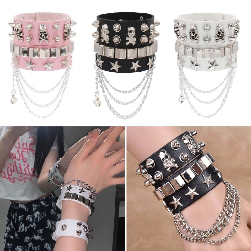 2Pcs Double Layer Pu Wristband Bracelet with Skull Rivets Gothic Rock Bracelet for Men Women Couple Streetwear