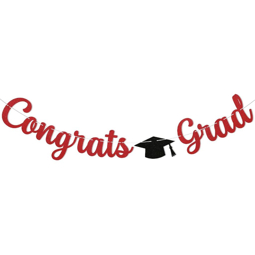 Pre-Strung Congrats Grad Banner - Black Glitter Graduation Party Banner with Cap, Congratulations Graduate Decor, High School College Graduation
