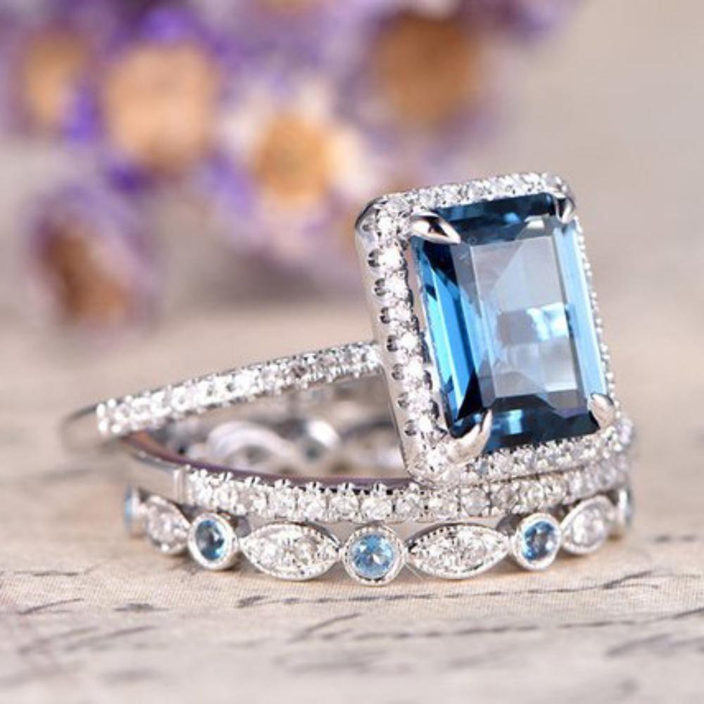 Luxury Charm Shining Full of Sea Blue Zircon Crystal Geometric Square Rings for Women Men Bride Engagement Wedding Jewelry Gift