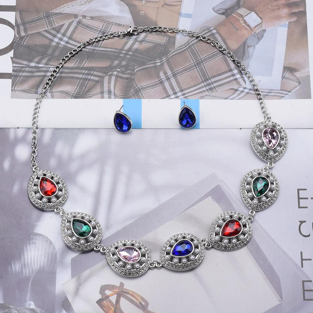 Exaggerated Color Diamond-Set Pearl Jewelry Set Luxury Dinner Temperament Rhinestone Necklace Water Drop Earrings