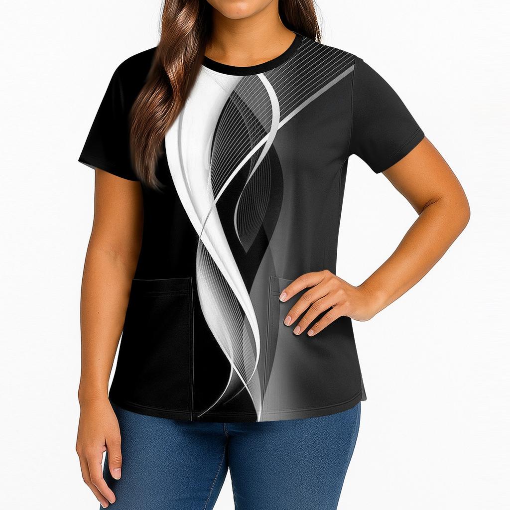 Women's Fashionable Printed Round Neck Pocket Short Sleeved Shirt With Slit Hem Uniform And Worker's Top