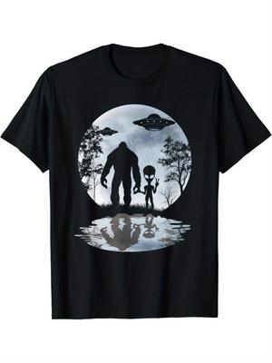 T-shirt Doux et Confortable pour Homme avec Imprimé Lune Sasquatch OVNI Extraterrestre, T-shirt d'Été Élégant