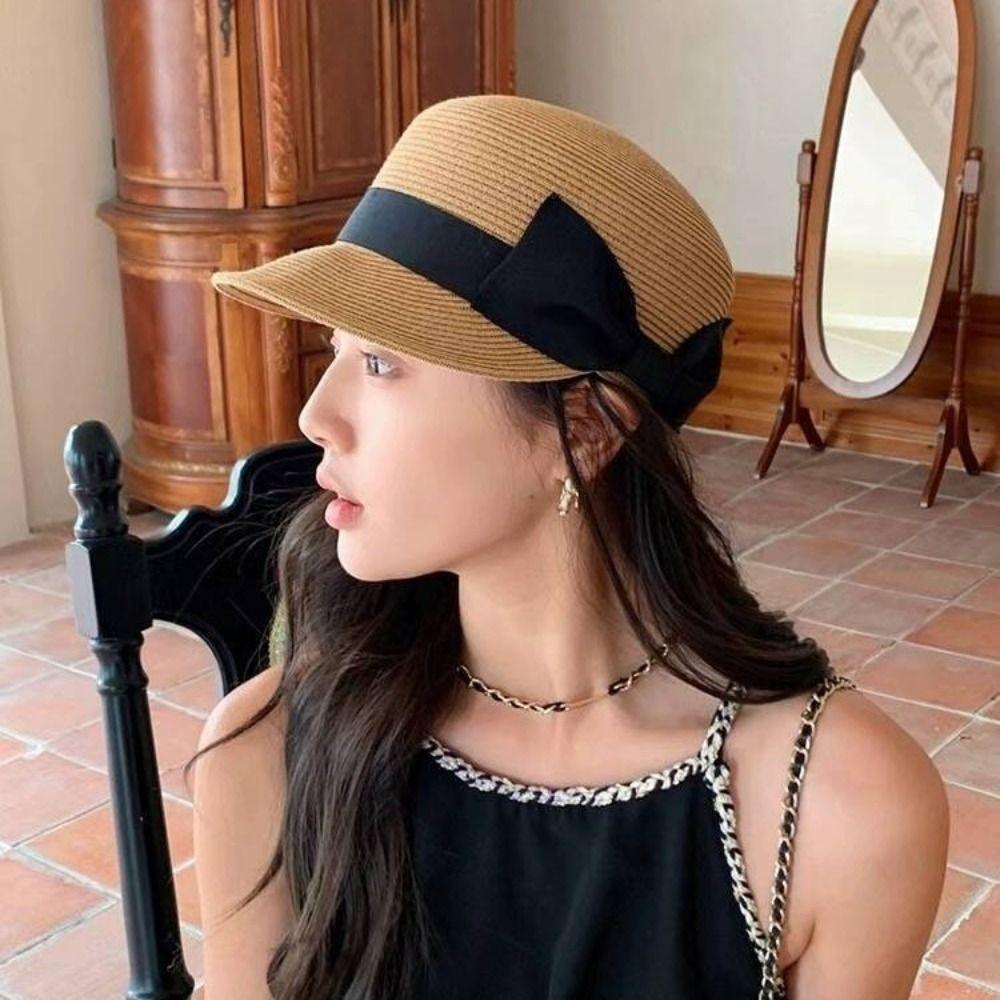 French Bow Straw Cap Summer Equestrian Hat Trendy Woven Straw Cap  Party