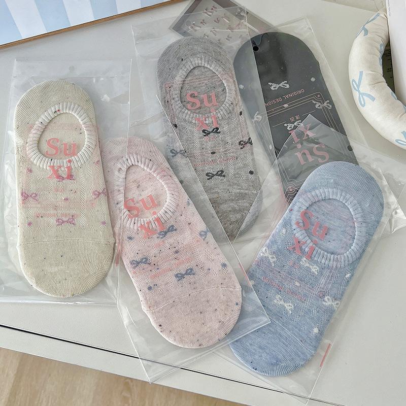 Thin Mesh Breathable Boat Socks, Silicone Anti-slip and Non-falling Heel Cotton Socks, Bow Bow Shallow Mouth Invisible Socks