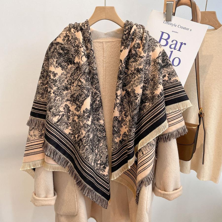 Autumn Winter Faux Cashmere Scarf with Thick Square Scarf, Air Conditioning Cover, Tassel Warm Shawl for Women