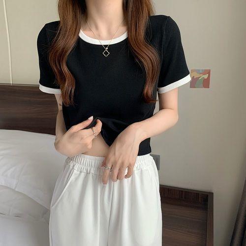 Women's Summer Round-Neck Color-Block Short-Sleeve T-Shirt: Student-Style, Korean-Style, Slim-Fit, Cropped Base Layer Top