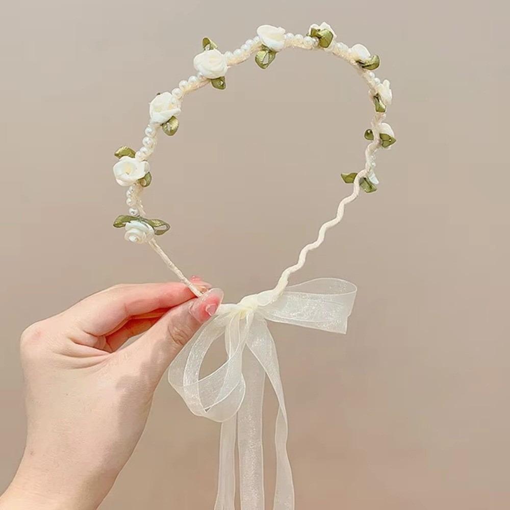 Spring Summer Kids Rose Headband Bow Braided Non-Slip Hair Hoop Hair Accessory Girls Princess Style Flower Wreath Headband Gift