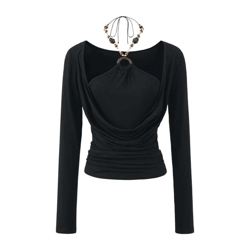 Chic Two-Piece Illusion Halter Neck Beaded Long Sleeve Ruched Top for Fall