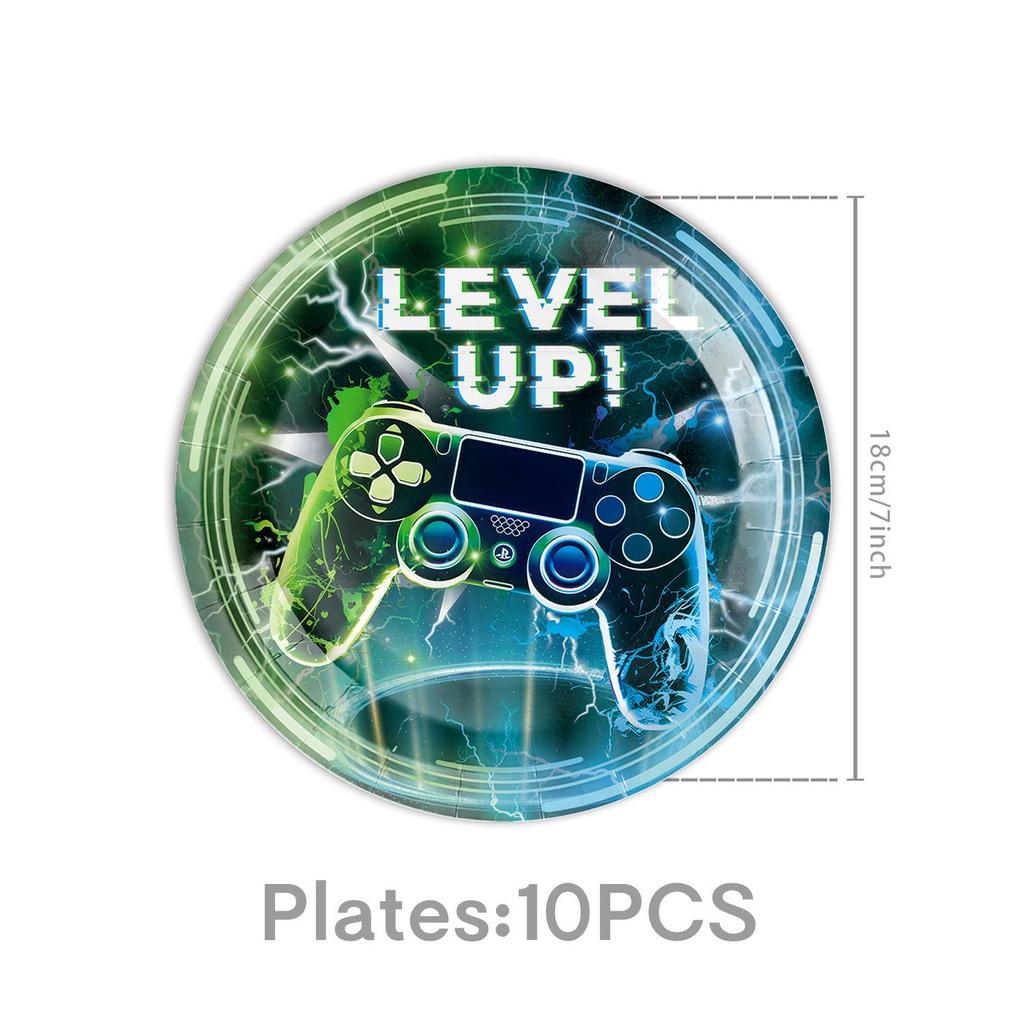 Blue-Green Lightning Glitch Game Controller Birthday Party Tableware Set
