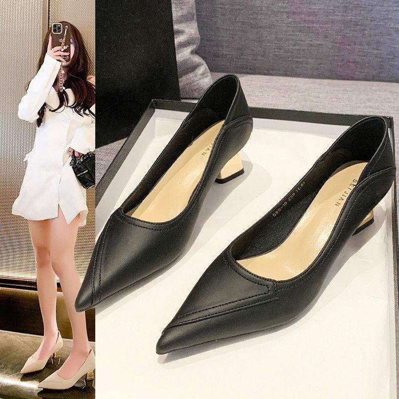 French high heels women's small 2025 spring and summer new thick heel pointed head shallow mouth soft sole professional work shoes