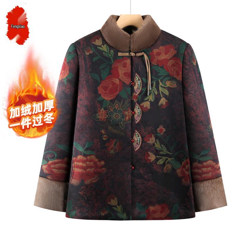 

Elderly Women s Winter Floral Plus Velvet Cotton Jacket 4XL
