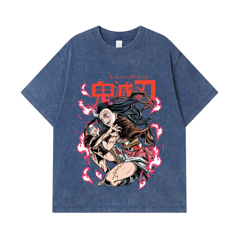 275 GSM Washed T-shirts 100% Cotton Demon Slayer V71 Nezuko Demon Print Unisex Heavy Cotton T Shirt