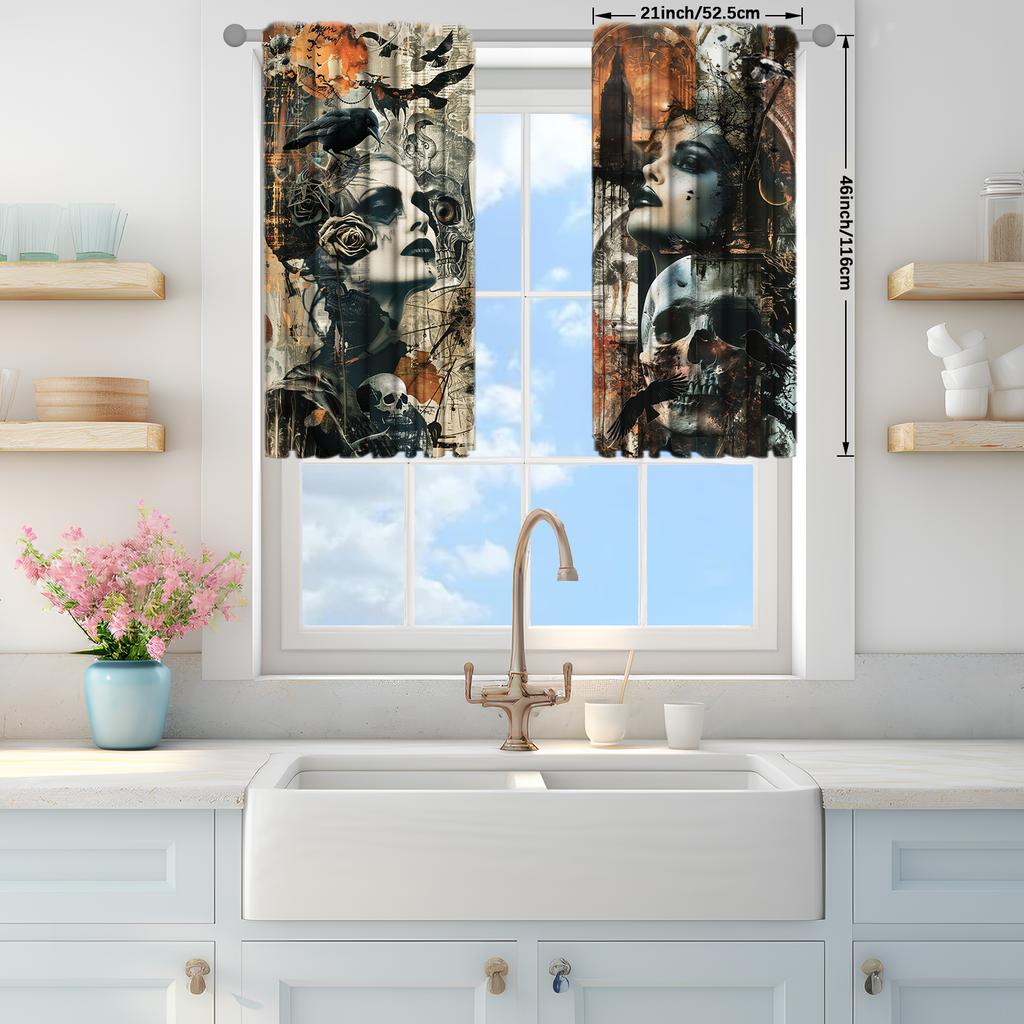2pcs Retro poster style Printed Curtain for Home Decor - Rod Pocket Window Treatment for Bedroom, Office, Kitchen, Living Room,