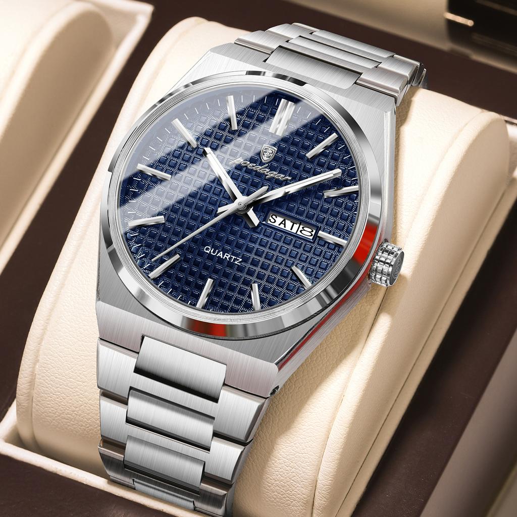 POEDAGAR Luxe Herenhorloge Datum Week Waterdicht Lichtgevend Roestvrij Staal Horloge voor Man Casual Kwarts Horloges Mannelijk Sport+Doos
