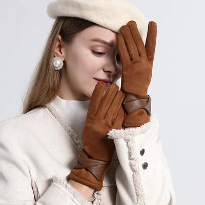Jesień Zima Kobiety Moda Eleganckie Zamszowe Utrzymuj Ciepło Ekran Dotykowy Cienki Polar Kokarda Słodkie Rękawiczki Jazda Jazda Na Rowerze Wiatroszczelne