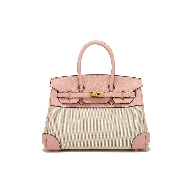Classic Fashion Lychee Pattern/canvas Splicing Contrasting Color Large Capacity Portable Shoulder Messenger Bag Bag