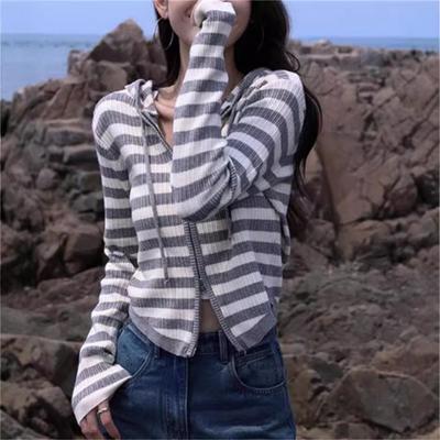 Early Spring New Casual Versatile Simple Hooded Knitted Cardigan Top Women's Striped Thin Sweater Jacket Trendy