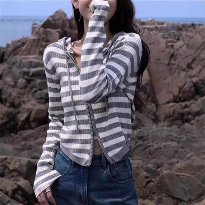 

Early spring new casual versatile simple hooded knitted cardigan top women s striped thin sweater jacket trendy one size fits all