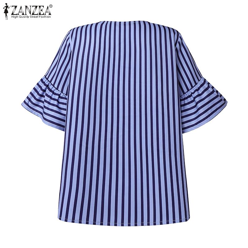 ZANZEA Kvinner Casual Rund Hals Løs Flare Erme Stripe Bluse
