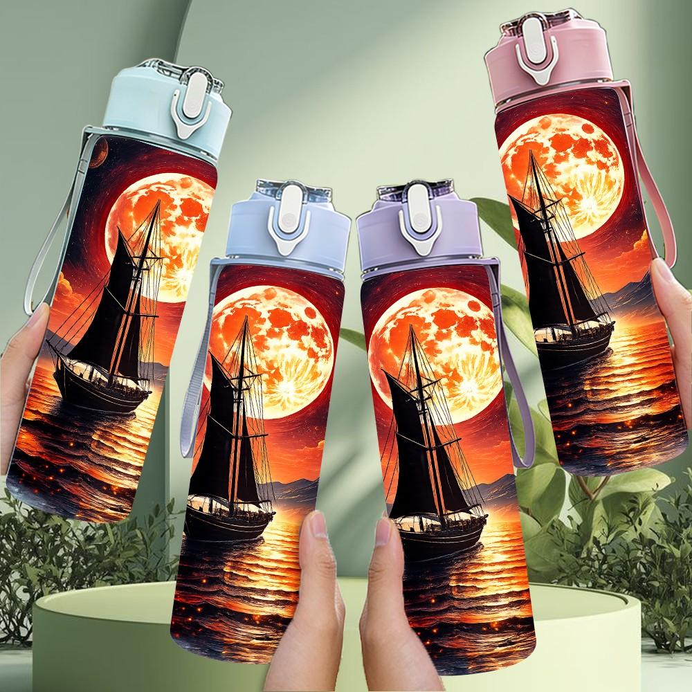 1PC Moon Sailboat Ocean Night Scene Print 750ml Color Plastic Sports Water Bottle Leakproof Flip Straw Lid Suitable for Sports Office Home Use