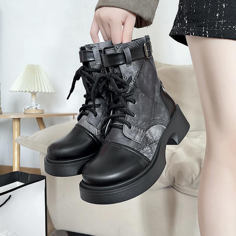 Versatile Women's Leather Boots Autumn Thick Bottom Short Boots Flat Denim Motorcycle