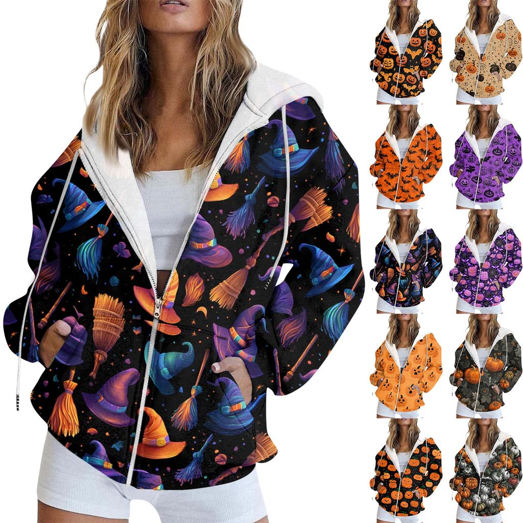 Women's Fashion Casual Halloween Printed Sweatshirt Long Sleeve With Pocket Cardigan Jacket Zipper Hoodie Coat