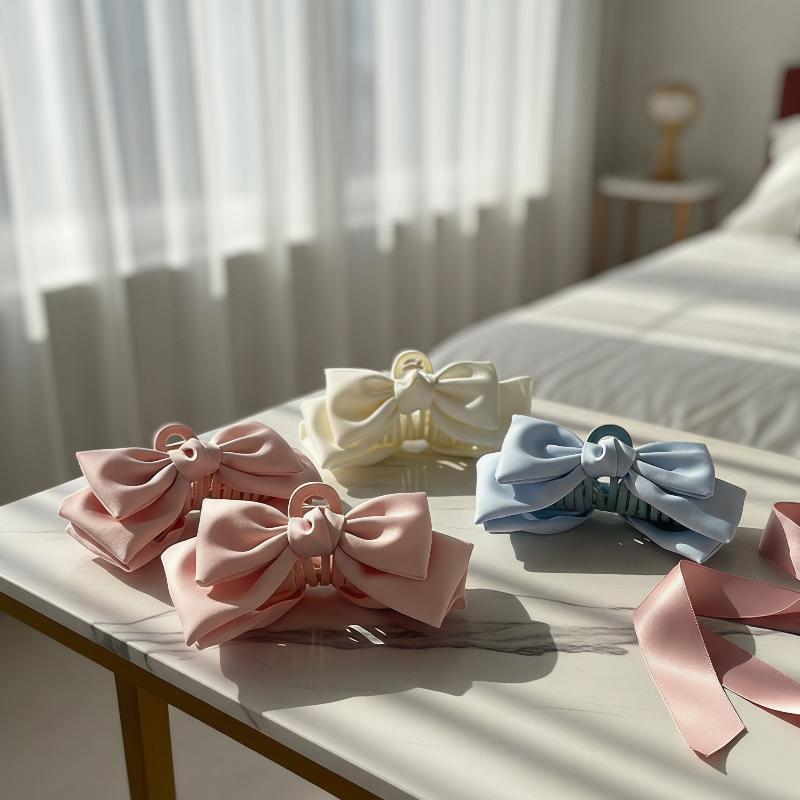 1Pcs Girl Elegant Ponytail Braid Claw Clip Solid Color Double Side Bow Hair Clip For Women Sweet Shark Crab Party Hair Accessory