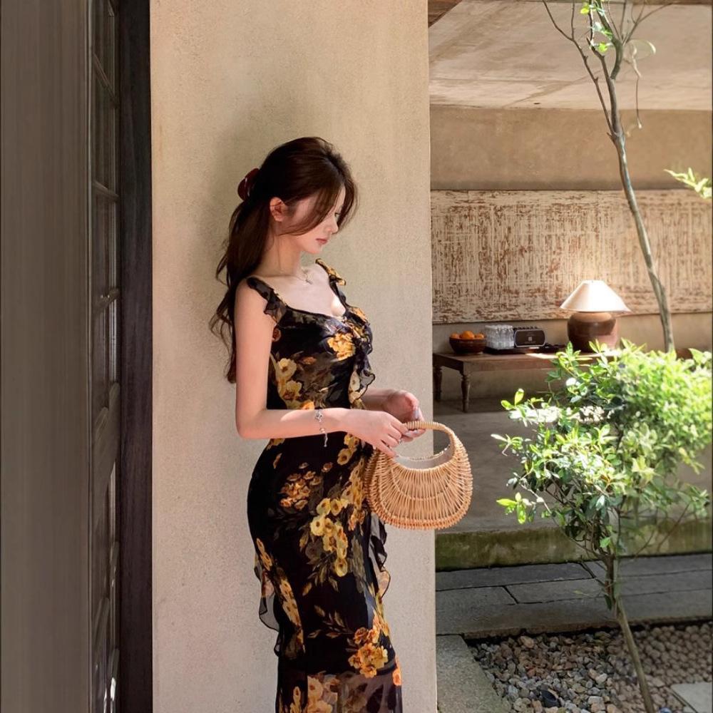 Retro Ruffle Edge Floral Suspender Dress Women's Summer Fishtail Skirt Slim Waist Split Long Dress Hip Skirt