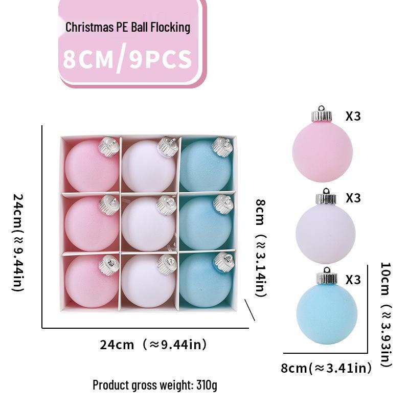 8cm Christmas Macaron Flocked Ornaments - Set of 9 8cm Flocked Ball - Set of 9