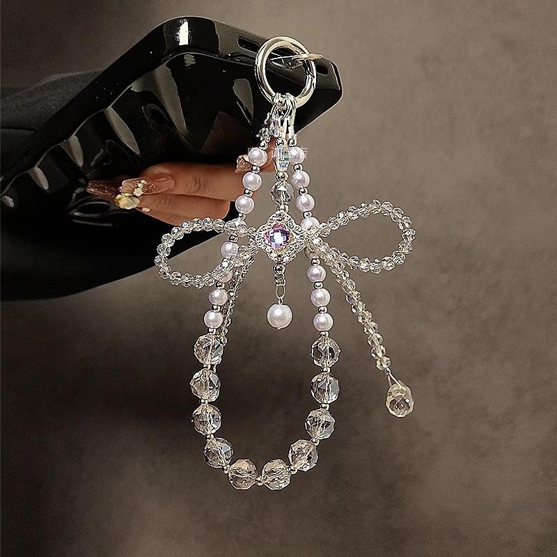 Light Luxury High‑End Four‑Leaf Clover Crystal Mobile Phone Chain, Beaded Bow Pendant Portable Phone Case Pendant Mobile Phone Lanyard