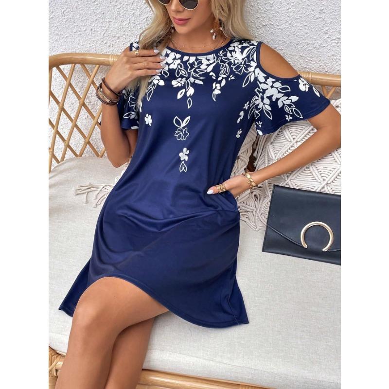 Women Fashion Printed Off Shoulder U Neck Short Sleeve Midi Casual Dress