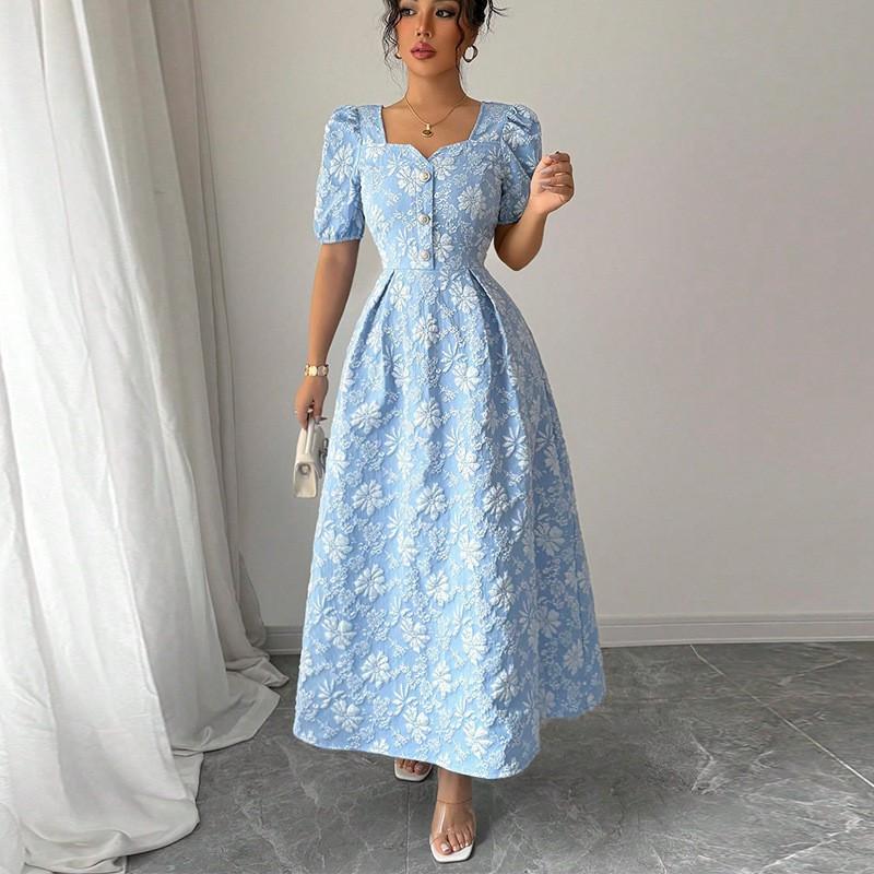 

European American Temperament Dress Small Daisy Embossed Short-sleeved A-line L