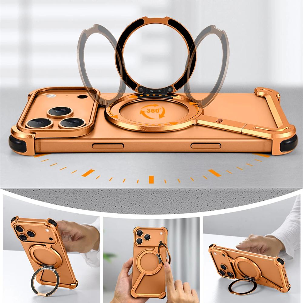 Luxury Z-Shape Metal Frame For Magsafe Phone Case For iPhone 17 Air 16 15 Pro Max Aluminum Frameless 360°Magnetic Holder Shockproof Cover