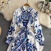 Autumn Holiday Red Blue And White Porcelain Maxi Dress Women Long Sleeve Single Breasted Lace Up Belt Flower Print Robe