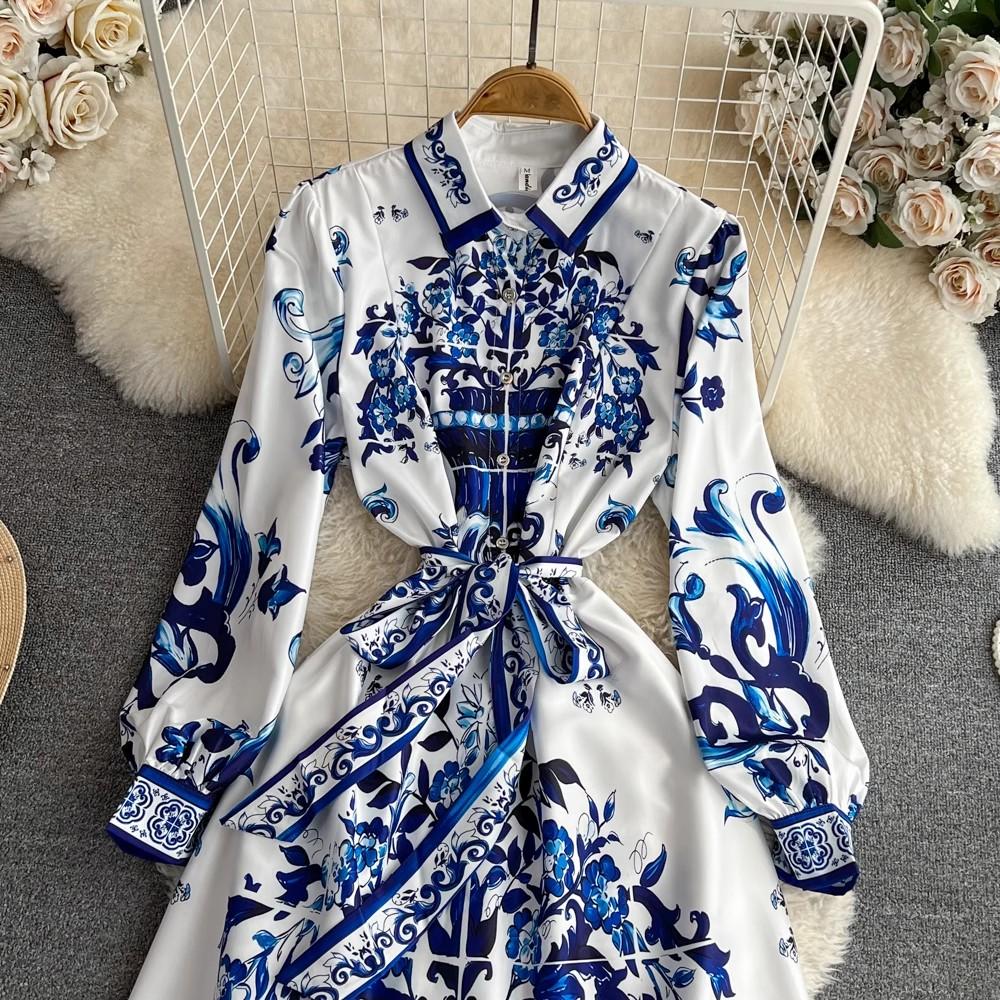 Autumn Holiday Red Blue And White Porcelain Maxi Dress Women Long Sleeve Single Breasted Lace Up Belt Flower Print Robe