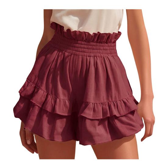 Women s Cotton Linen Ruffle Tiered Shorts Elastic High Waist Layered Flowy Shorts Casual Summer L вино красного