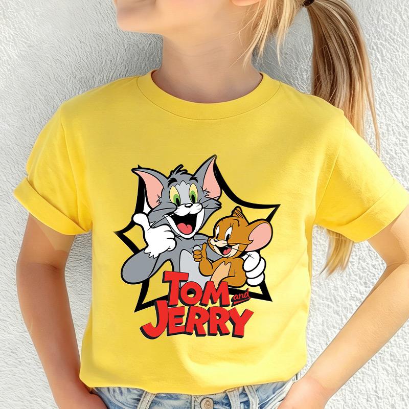 2026 Summer Tom Jerry Print Girls T Shirt 4 To 14 Yrs for Kids Short Sleeve Tees Casual Streetwear Anime Cosplay Clothing