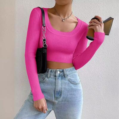 Mulheres malhas pescoço quadrado manga longa com rosca curto fino fino camisola top