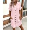 Summer Casual V-Neck Shirt Dress with Pockets and Button Front
