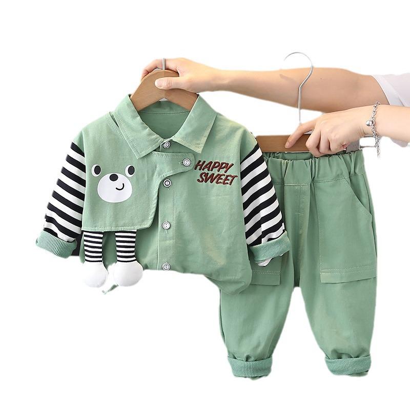 Children's Two-Piece Workwear Set: Boys' Striped Patchwork Long Sleeve Shirt for Spring and Autumn