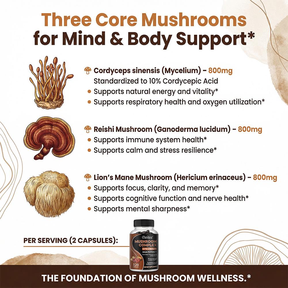 Capsule Complesso di Funghi Premium per Supporto Immunitario e Cognitivo 120 Capsule