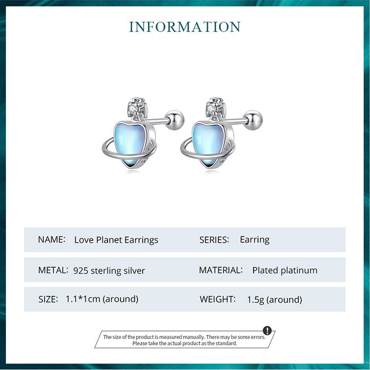 BAMOER 925 Sterling Silver Love Planet Stud Earrings for Women Fine Jewelry Simple Blue Heart Earrings Anniversary Gift