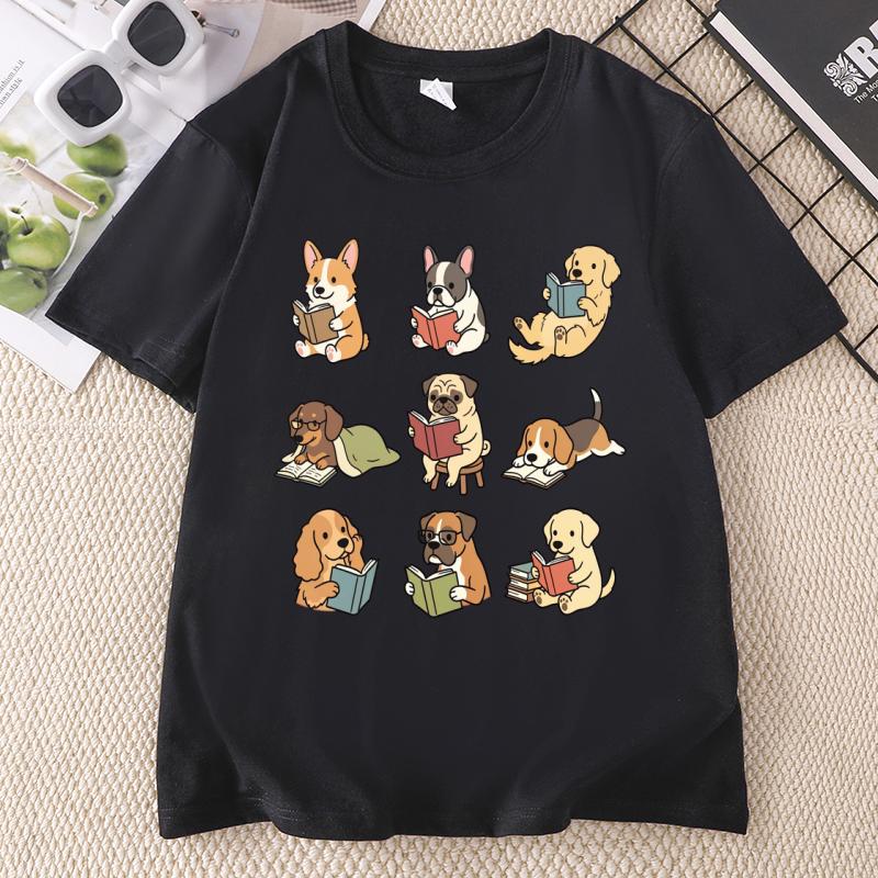 Funny Dog Reading TShirt Cute Dogs With Books Tee Dog Lover Funny Animal Graphic Tee Cotton Short Sleeve Round Neck Tees
