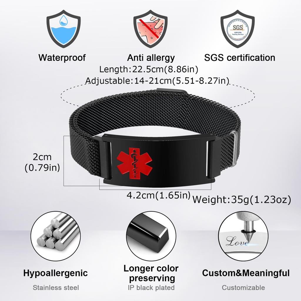 Medical ID Bracelets for Adults, Stainless Steel Bracelet,Waterproof Jewelry Gift